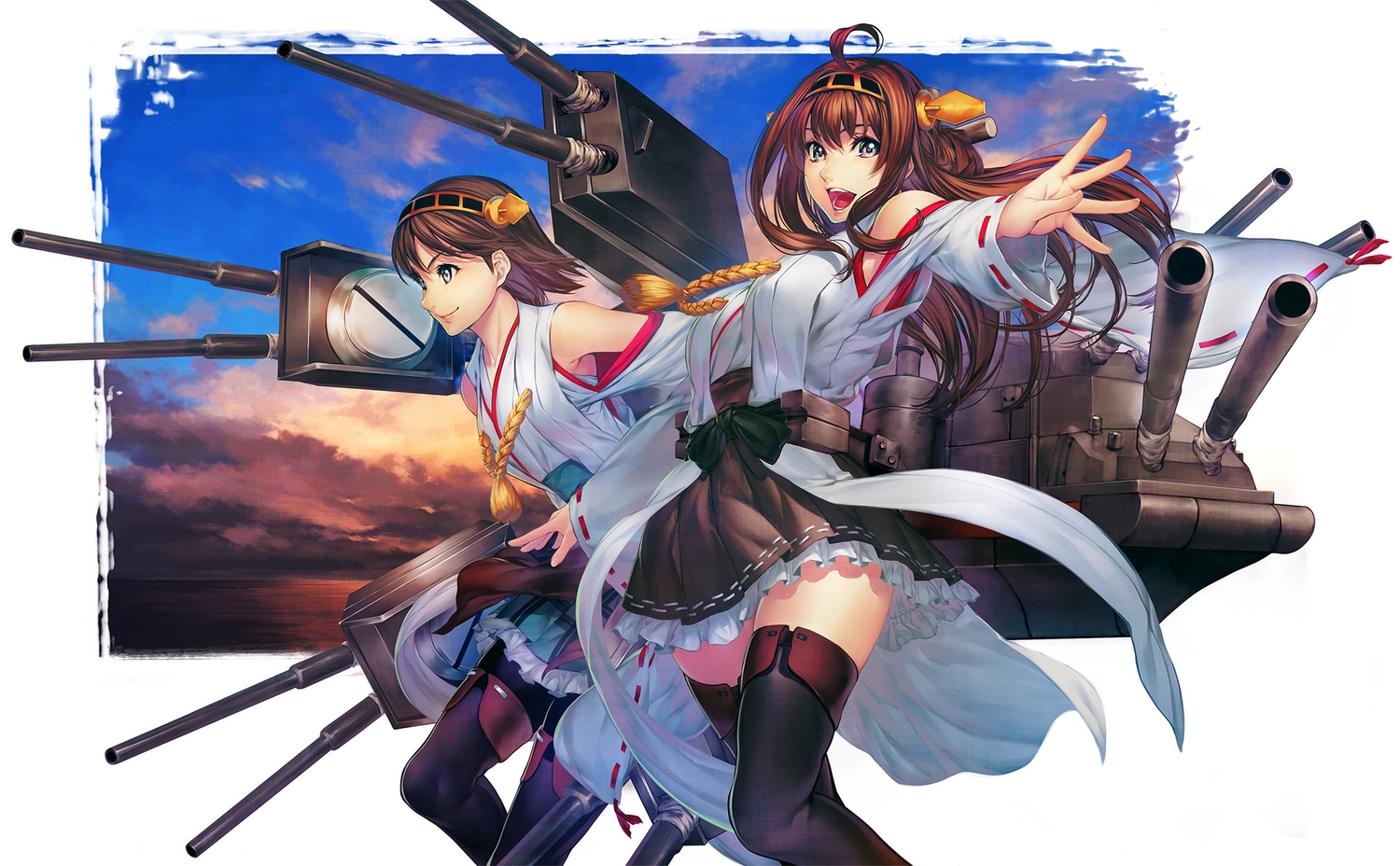 2girls, anthropomorphism, bow, brown_hair, gray_eyes, headband, hiei_(kancolle), japanese_clothes