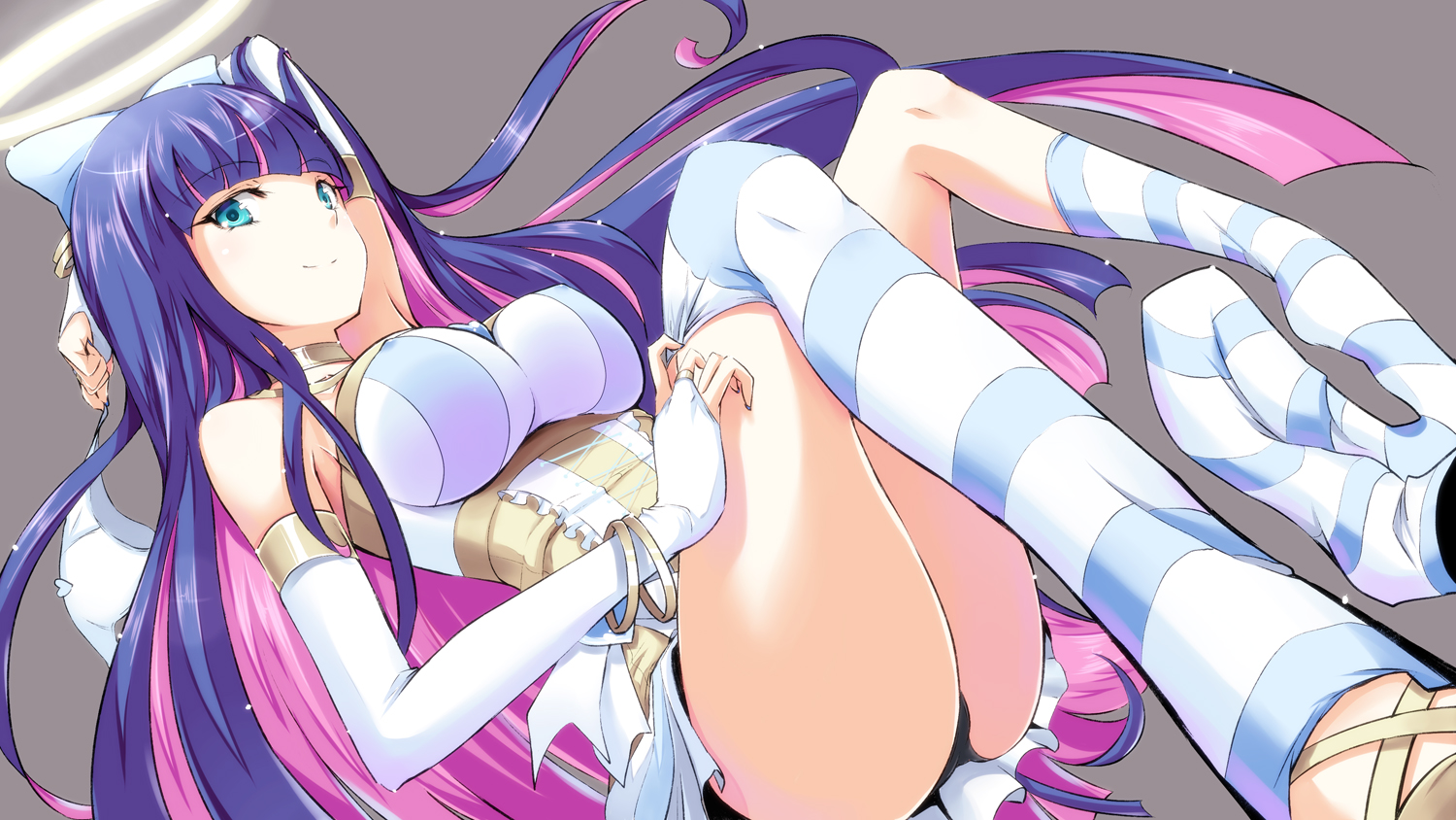 aqua_eyes, blue_hair, choker, elbow_gloves, gloves, halo, long_hair, panties, panty_&_stocking_with_garterbelt, pink_hair, stocking_(character), thighhighs, underwear, wristwear, yuki_mizore