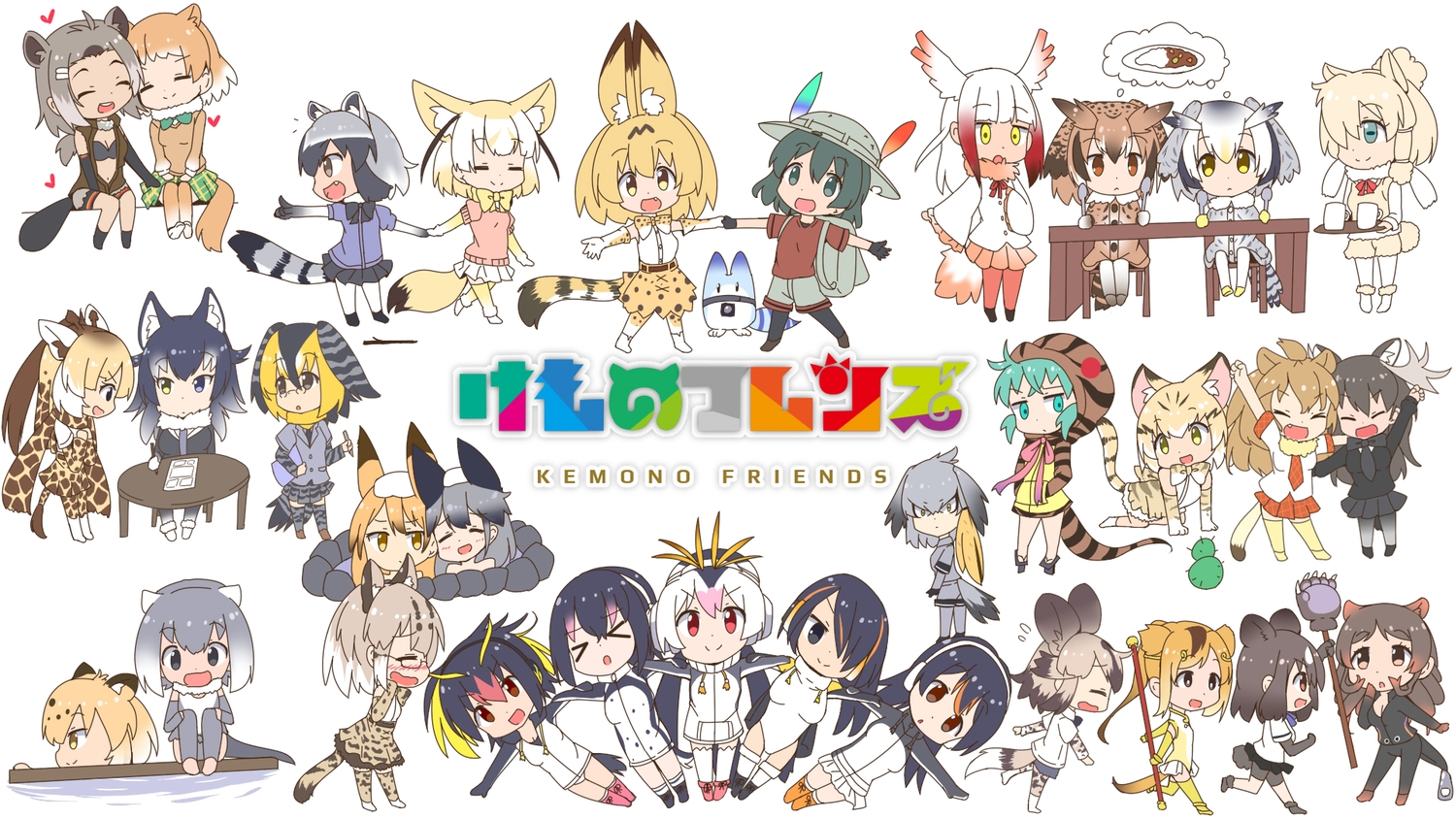 african_wild_dog_(kemono_friends), american_beaver_(kemono_friends), animal_ears, anthropomorphism, bicolored_eyes, black_eyes, black-tailed_prairie_dog_(kemono_friends), blonde_hair