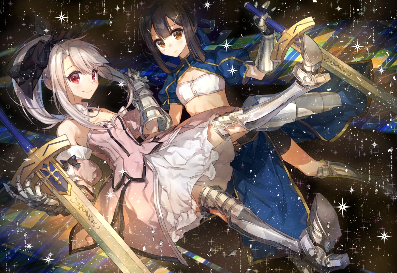 2girls, armor, black_hair, boots, bow, brown_eyes, chokoan_(tyokoa5659), cosplay, dress, fate/kaleid_liner_prisma_illya, fate_(series), fate/stay_night, fate/unlimited_codes, gloves, gray_hair, illyasviel_von_einzbern, long_hair, miyu_edelfelt, ponytail, red_eyes, sword, weapon