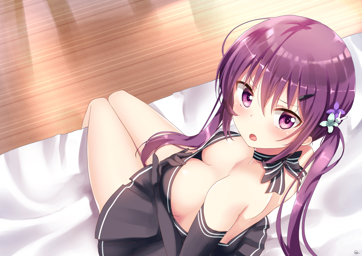 breasts, cleavage, elbow_gloves, gloves, gochuumon_wa_usagi_desu_ka?, long_hair, no_bra, piripun, purple_eyes, purple_hair, signed, tedeza_rize, twintails