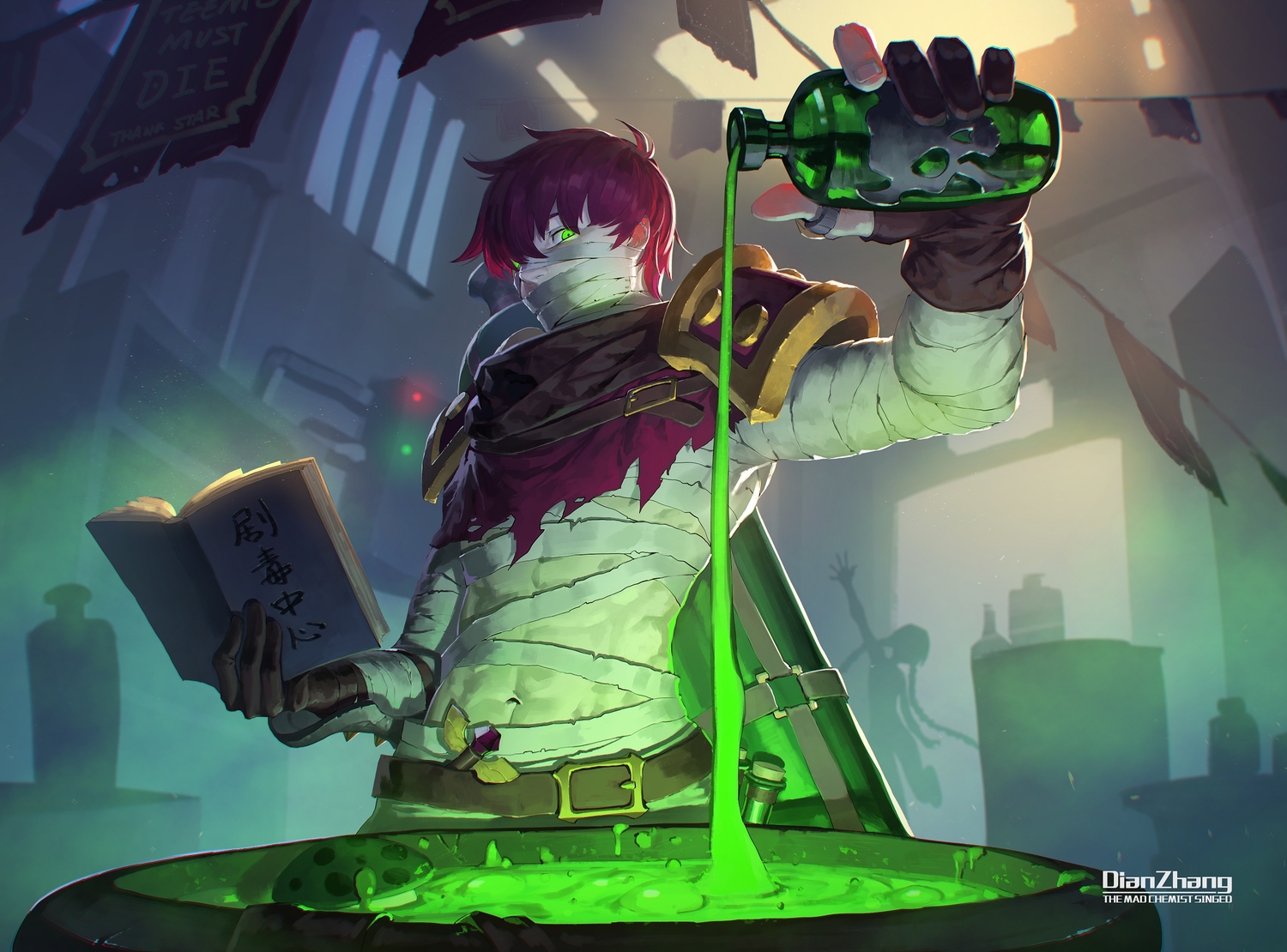 all_male, bandage, book, daye_bie_qia_lian, gloves, green_eyes, jinx_(league_of_legends), league_of_legends