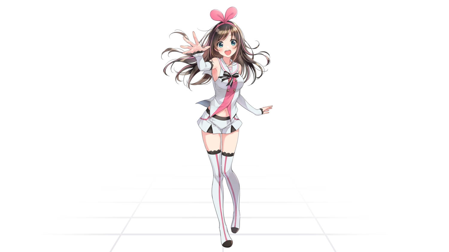 a.i._channel, bow, brown_hair, green_eyes, headband, kizuna_ai, long_hair, morikura_en