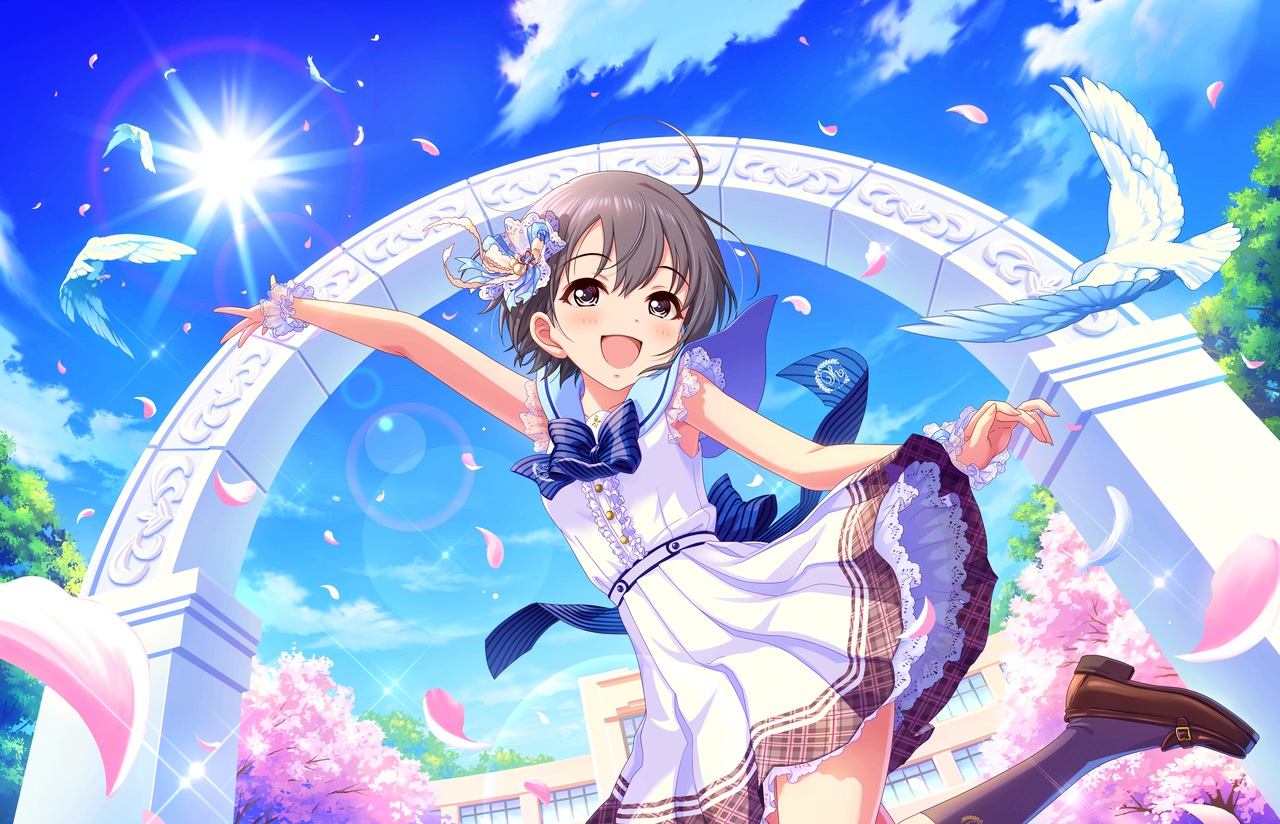 annin_doufu, bow, brown_hair, building, cherry_blossoms, clouds, dress, flowers