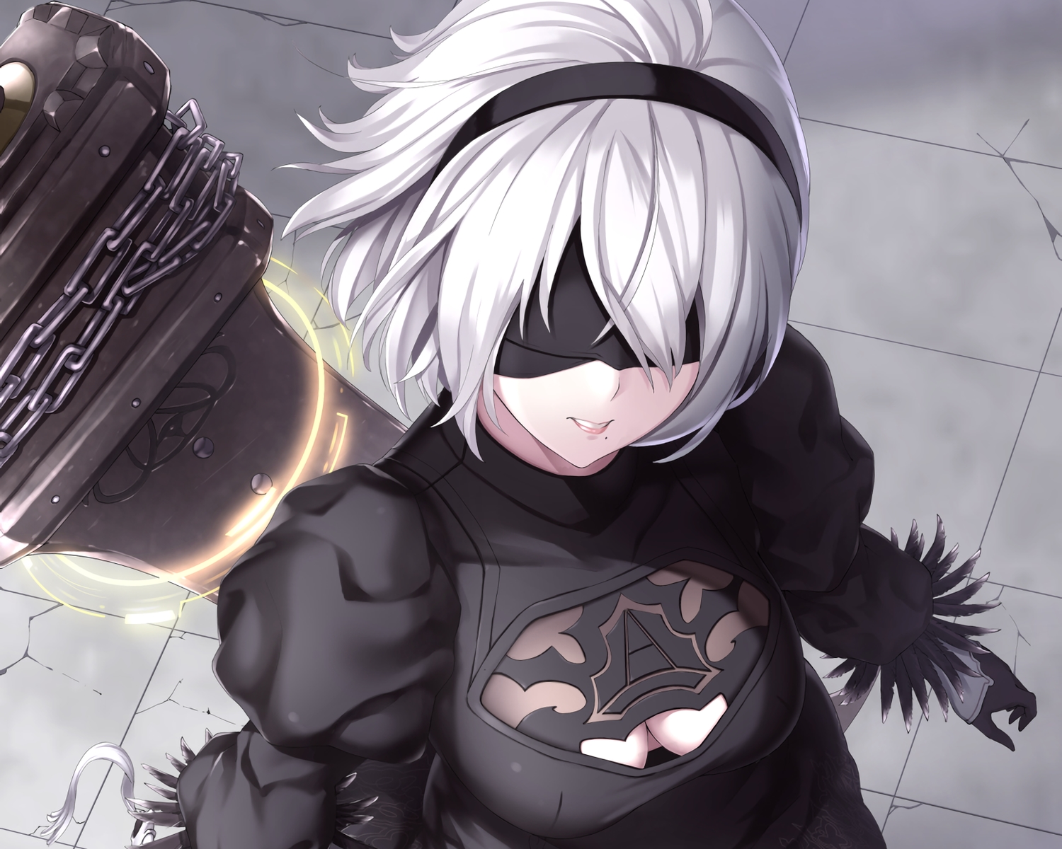 blindfold, breasts, cleavage, cropped, gloves, headband, nier, nier:_automata, short_hair, sword, waifu2x, weapon, white_hair, yorha_unit_no._2_type_b, yukikaze_(aaassszzz)