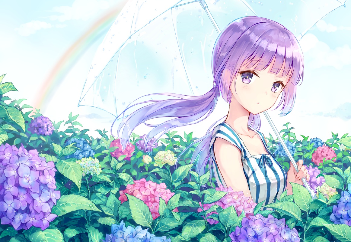 aikatsu!, clouds, flowers, hikami_sumire, hiten_(hitenkei), leaves, long_hair, purple_eyes, purple_hair, rainbow, sky, twintails, umbrella, water, wet