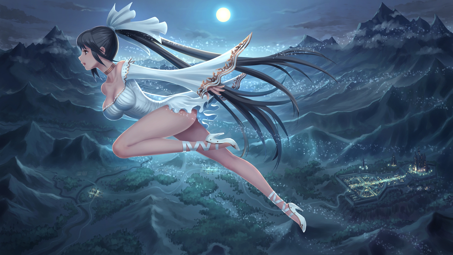 black_hair, blue, breasts, brown_eyes, building, choker, cleavage, clouds, dress, forest, long_hair, moon, night, no_bra, original, ponytail, scenic, tree, youbou