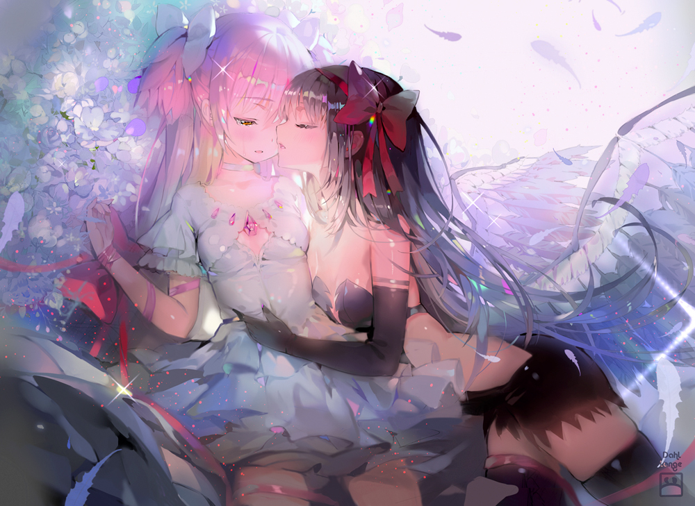 2girls, akemi_homura, akuma_homura, black_hair, blush, bow, breasts, choker, cleavage, dahl_lange, dress, elbow_gloves, flowers, gloves, kaname_madoka, long_hair, mahou_shoujo_madoka_magica, pink_hair, red_eyes, ribbons, shoujo_ai, skirt, thighhighs, ultimate_madoka, wings