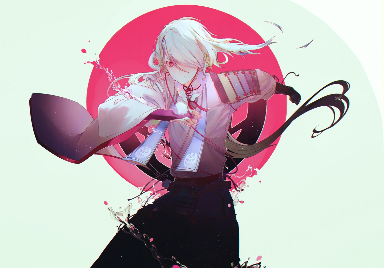 all_male, anthropomorphism, ima-no-tsurugi, japanese_clothes, male, petals, red_eyes, tagme_(artist)