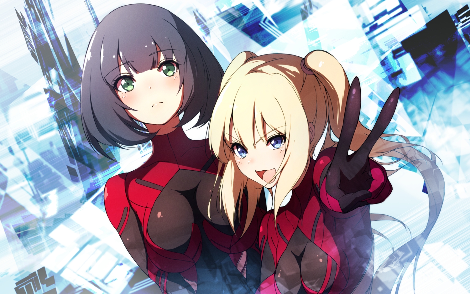 2girls, black_hair, blonde_hair, blue_eyes, blush, bodysuit, breasts, c.c.r_(ccrgaoooo)