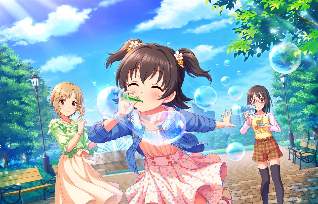aiba_yumi, akagi_miria, annin_doufu, blush, brown_eyes, brown_hair, bubbles, building