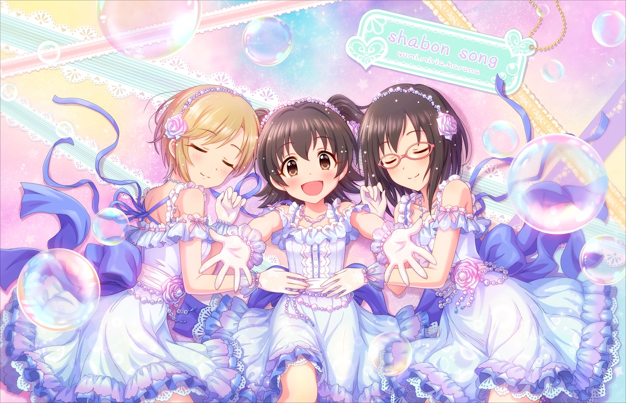 aiba_yumi, akagi_miria, annin_doufu, blush, brown_eyes, brown_hair, bubbles, dress