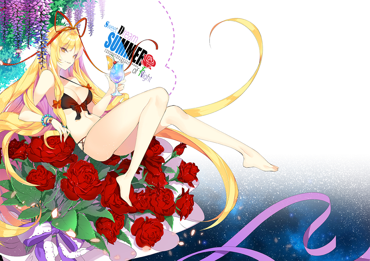 barefoot, bikini, blonde_hair, bow, breasts, cleavage, drink, flowers, jeminl, leaves, long_hair, ribbons, rose, swimsuit, touhou, wristwear, yakumo_yukari, yellow_eyes