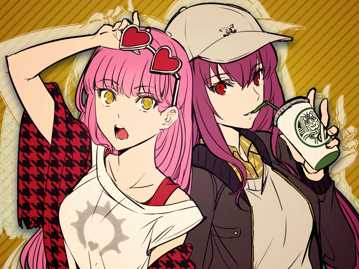 2girls, drink, fate/grand_order, fate_(series), glasses, hat, long_hair, medb_(fate/grand_order), pink_hair, purple_hair, red_eyes, scathach_(fate/grand_order), shimo_(s_kaminaka), yellow_eyes