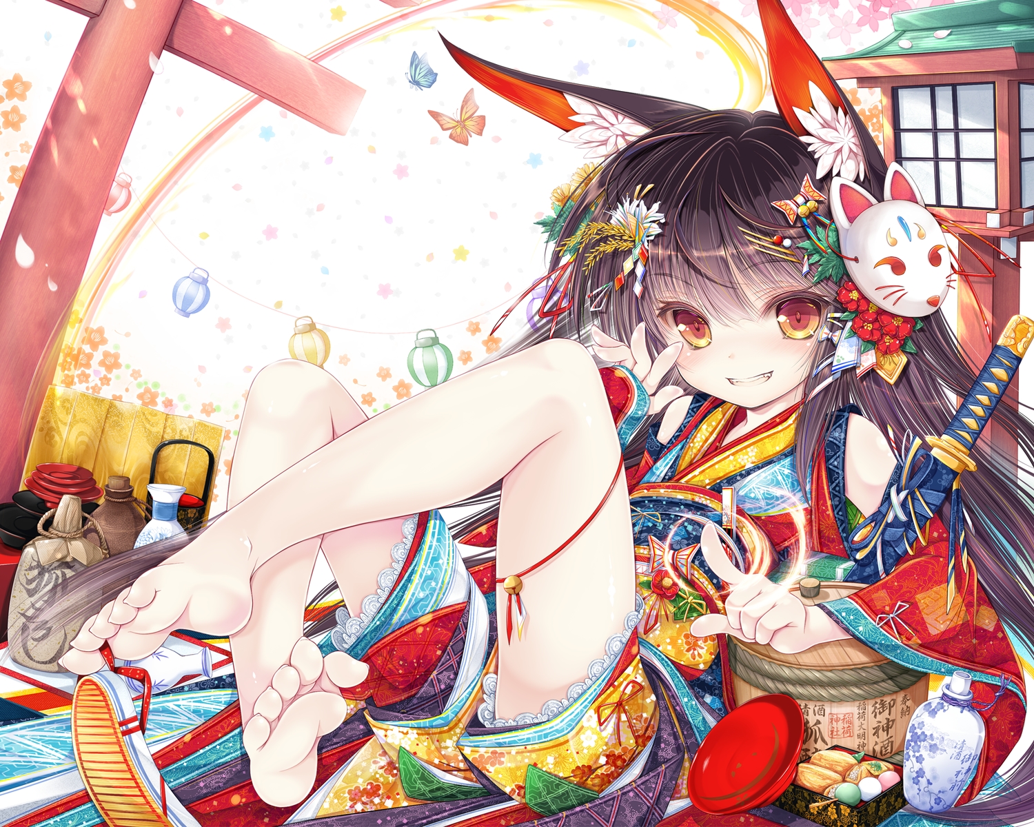 animal_ears, barefoot, bell, black_hair, brown_eyes, butterfly, cropped, food, japanese_clothes, loli, long_hair, mask, original, sword, tenmu_shinryuusai, torii, weapon