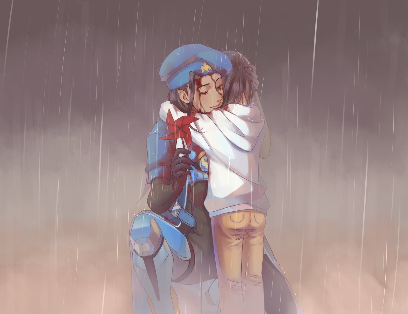 2girls, ana_(overwatch), armor, black_hair, blood, bodysuit, dark_skin, hat, hood, hug, loli, nyasa, overwatch, pharah_(overwatch), rain, water