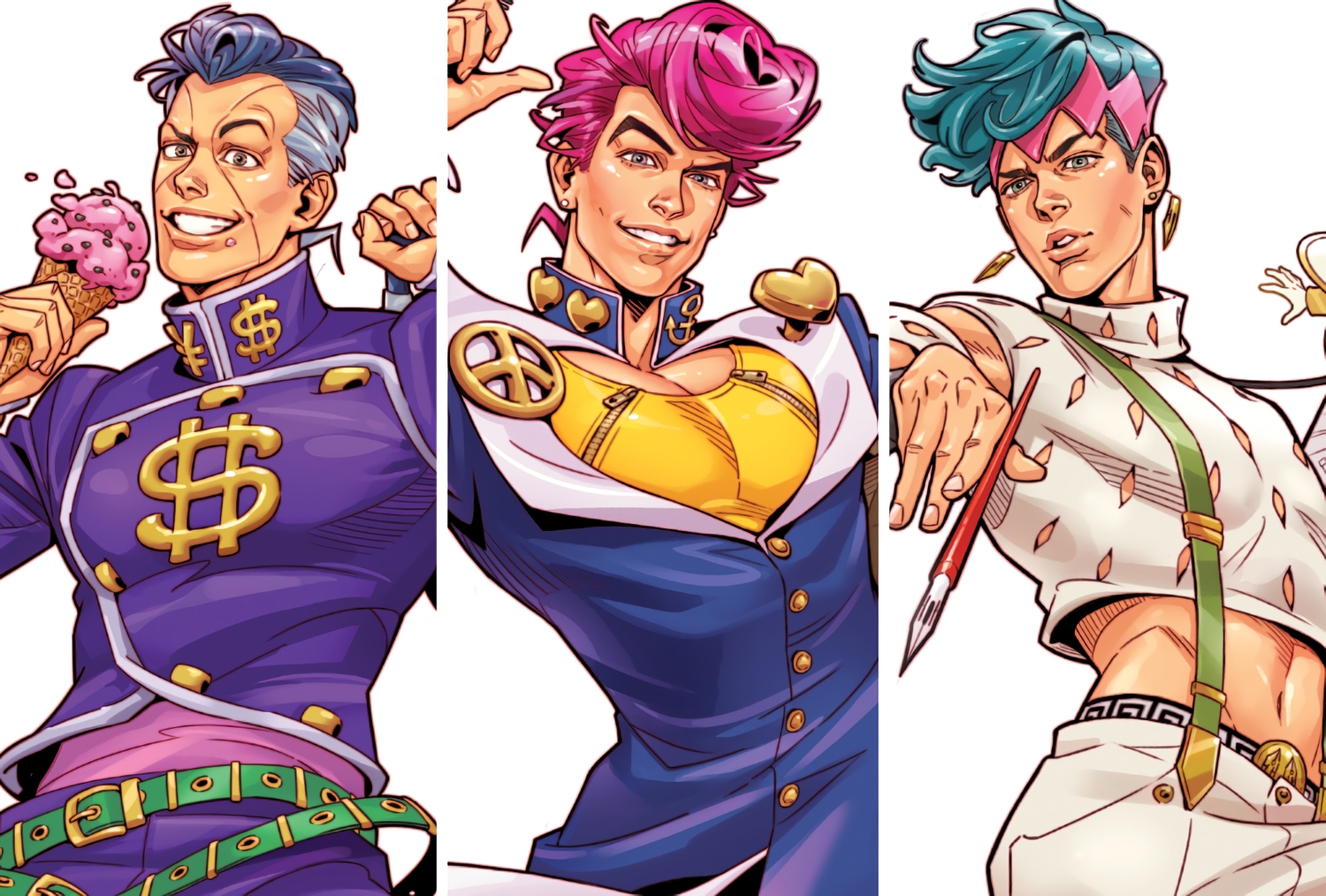 all_male, aqua_hair, brain.curry, brown_eyes, food, gray_eyes, gray_hair, green_eyes, higashikata_josuke, ice_cream, jojo_no_kimyou_na_bouken, kishibe_rohan, male, navel, nijimura_okuyasu, pink_hair, realistic, short_hair, waifu2x