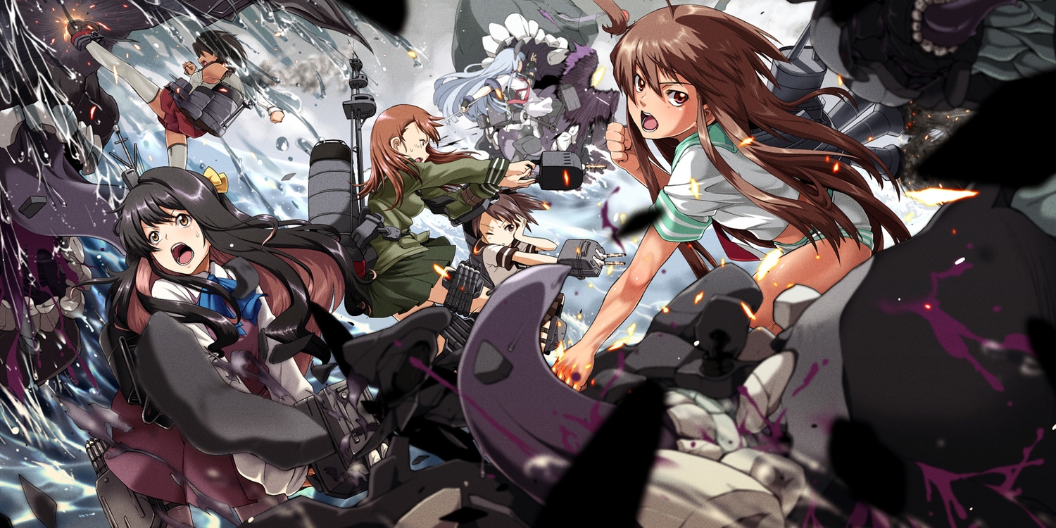 anthropomorphism, black_hair, brown_eyes, brown_hair, group, kantai_collection, kuma_(kancolle), long_hair