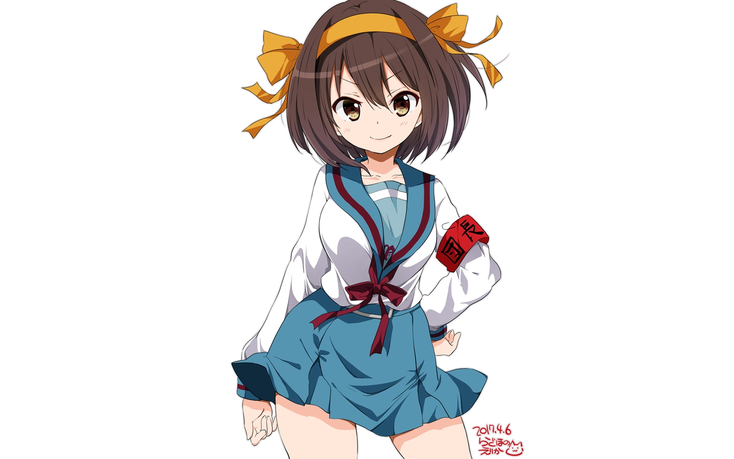 brown_eyes, brown_hair, headband, ragho_no_erika, school_uniform, short_hair, skirt, suzumiya_haruhi