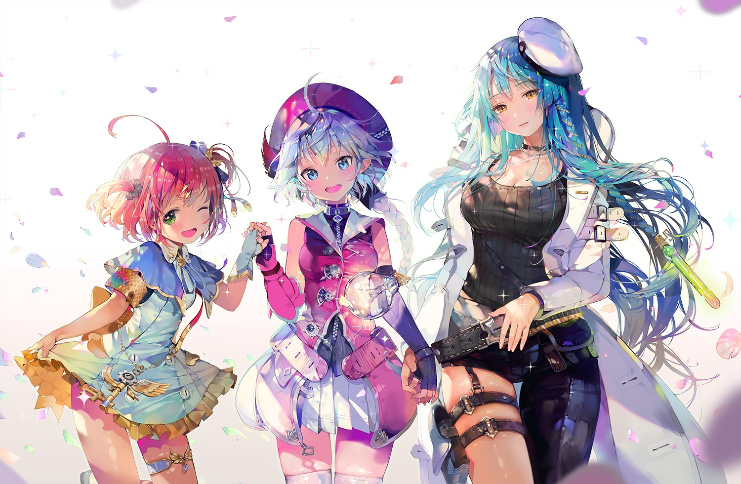 aqua_eyes, aqua_hair, blush, braids, breasts, dahl_lange, dress, garter_belt