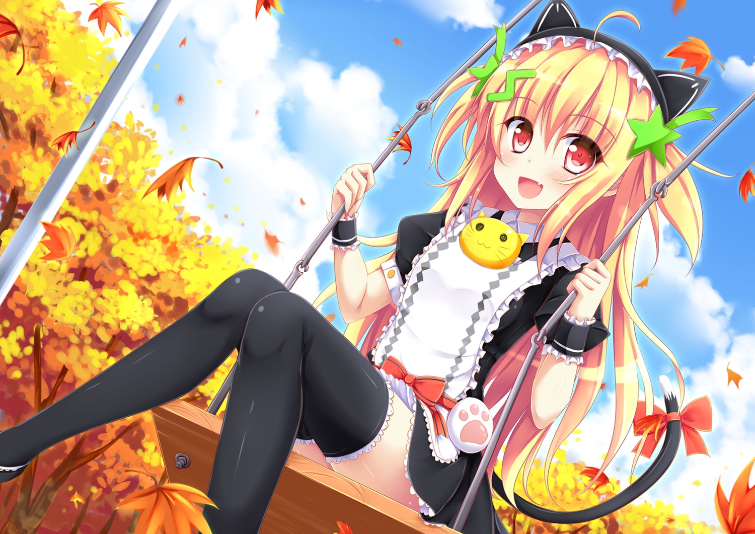 animal_ears, autumn, blonde_hair, blush, bow, catgirl, clouds, dress, fang, headdress, leaves, long_hair, maid, nanairo_fuusen, red_eyes, sky, tail, thighhighs, tree