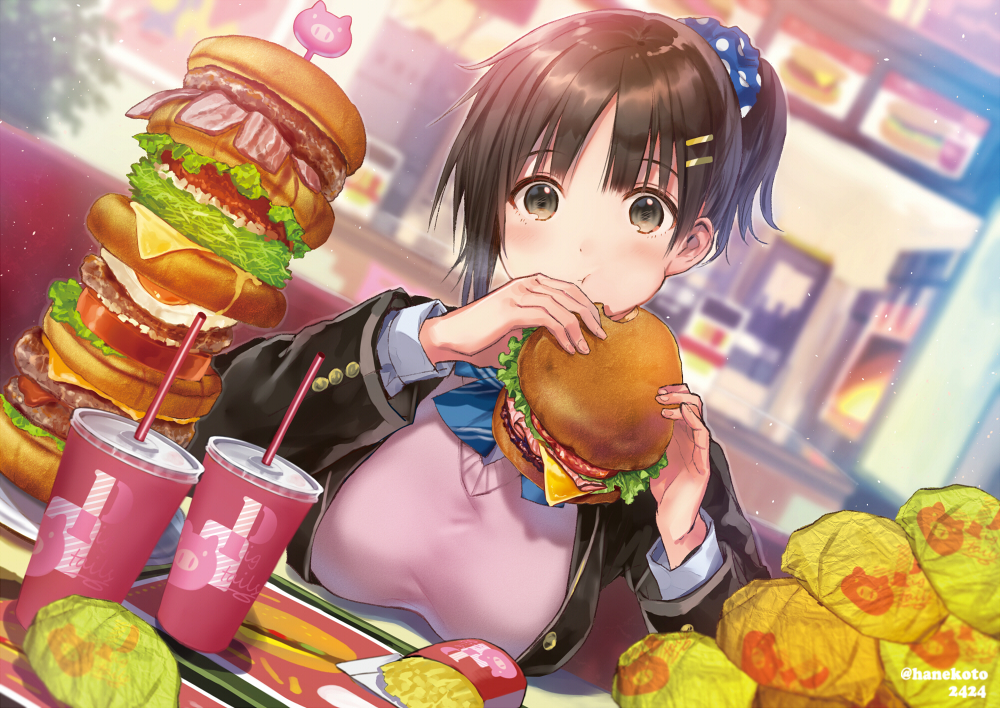breasts, brown_eyes, brown_hair, drink, food, hanekoto, original, ponytail
