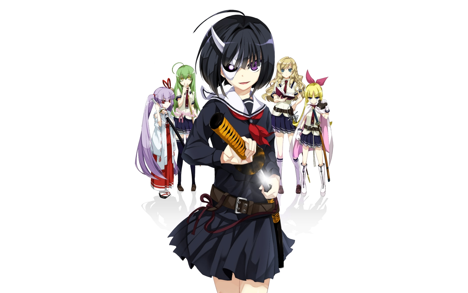 aqua_eyes, black_hair, blonde_hair, boots, braids, busou_shoujo_machiavellism, cape, eyepatch
