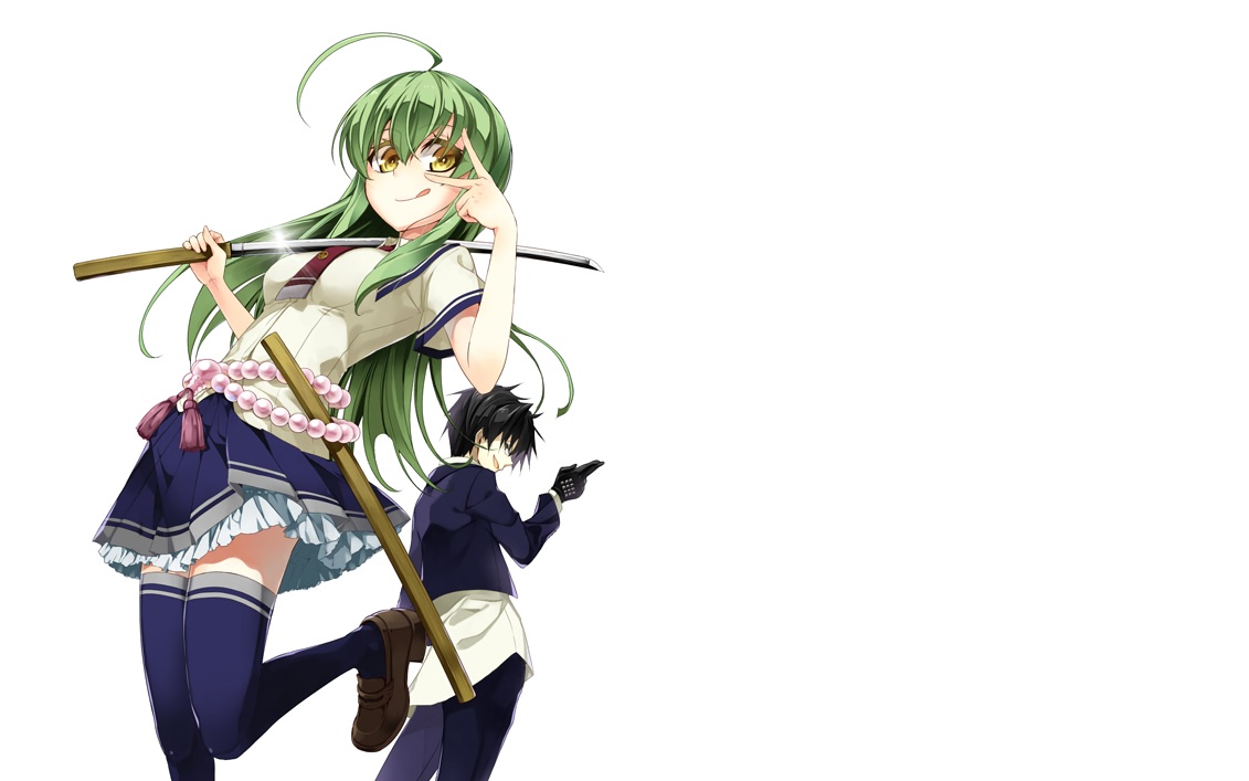 black_hair, busou_shoujo_machiavellism, gloves, green_hair, kanzaki_karuna, katana, long_hair, male, nomura_fudou, school_uniform, short_hair, skirt, sword, tamaba_satori, thighhighs, weapon, white, yellow_eyes