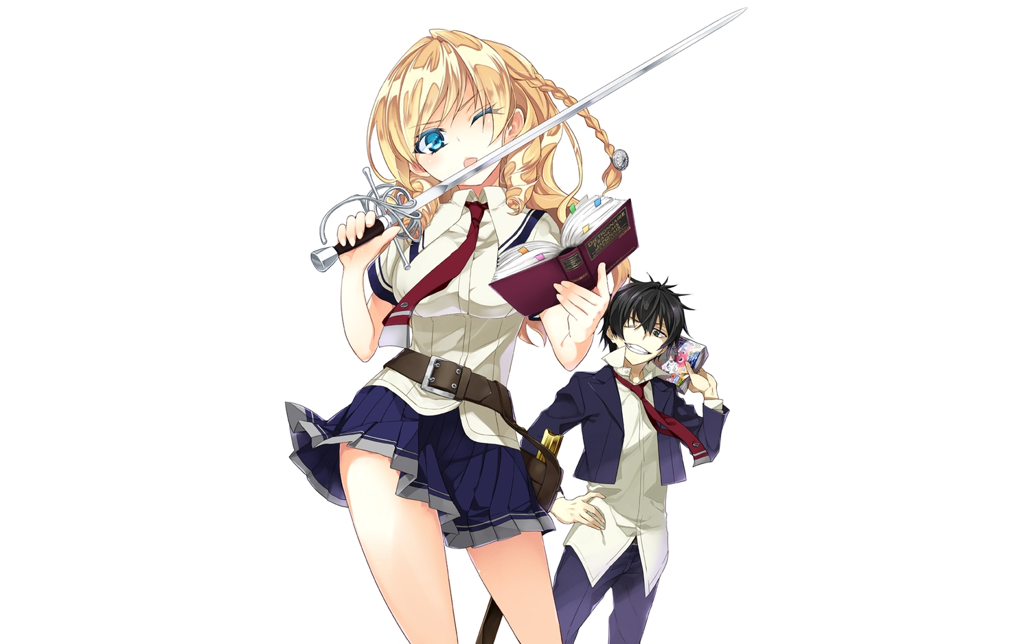 aqua_eyes, black_hair, blonde_hair, book, breasts, busou_shoujo_machiavellism, green_eyes, kanzaki_karuna, katana, kikakujou_mary, long_hair, male, nomura_fudou, short_hair, skirt, sword, tie, weapon, white, wink