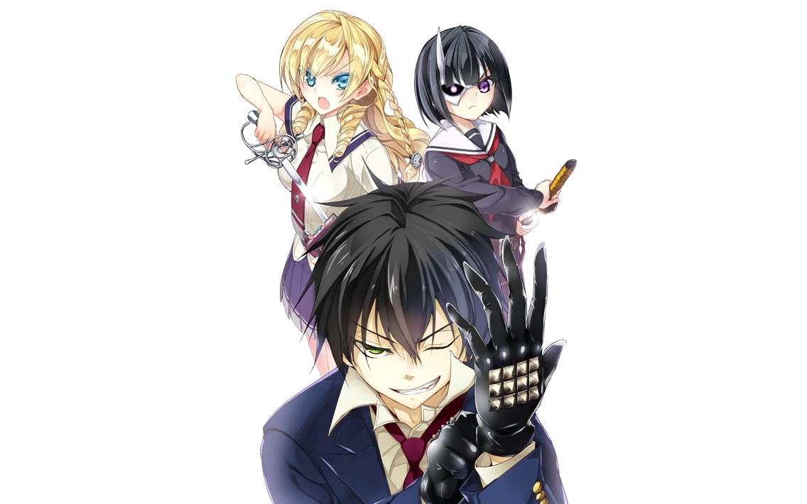 aqua_eyes, black_hair, blonde_hair, busou_shoujo_machiavellism, eyepatch, green_eyes, kanzaki_karuna, katana