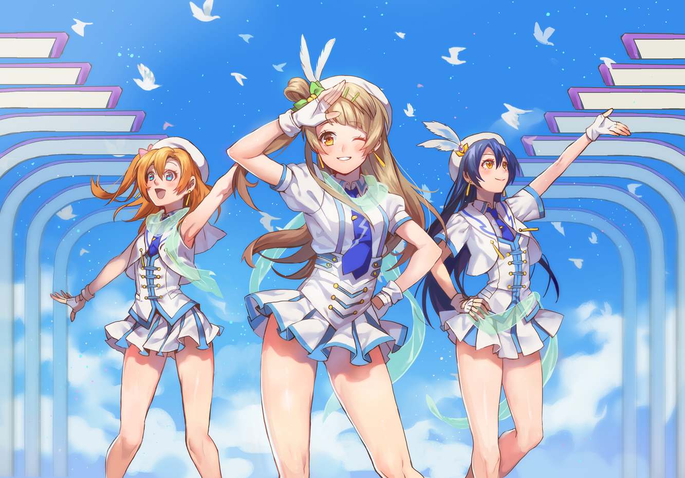 0910popo, animal, bird, blue_eyes, blue_hair, brown_hair, gloves, hat, kousaka_honoka, long_hair, love_live!_school_idol_project, minami_kotori, orange_hair, skirt, sonoda_umi, uniform, wink, yellow_eyes