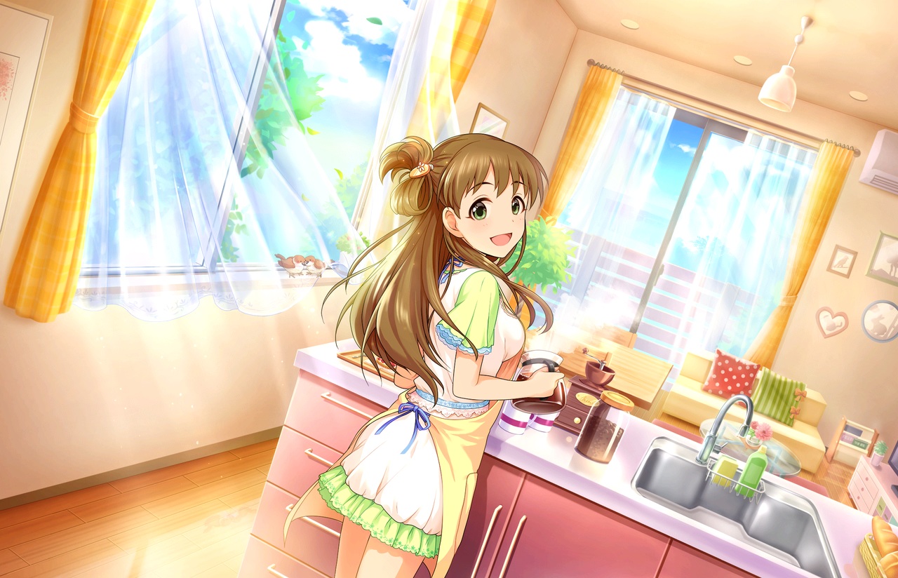 animal, annin_doufu, apron, bird, breasts, brown_hair, couch, food, green_eyes, idolmaster, idolmaster_cinderella_girls, long_hair, makihara_shiho