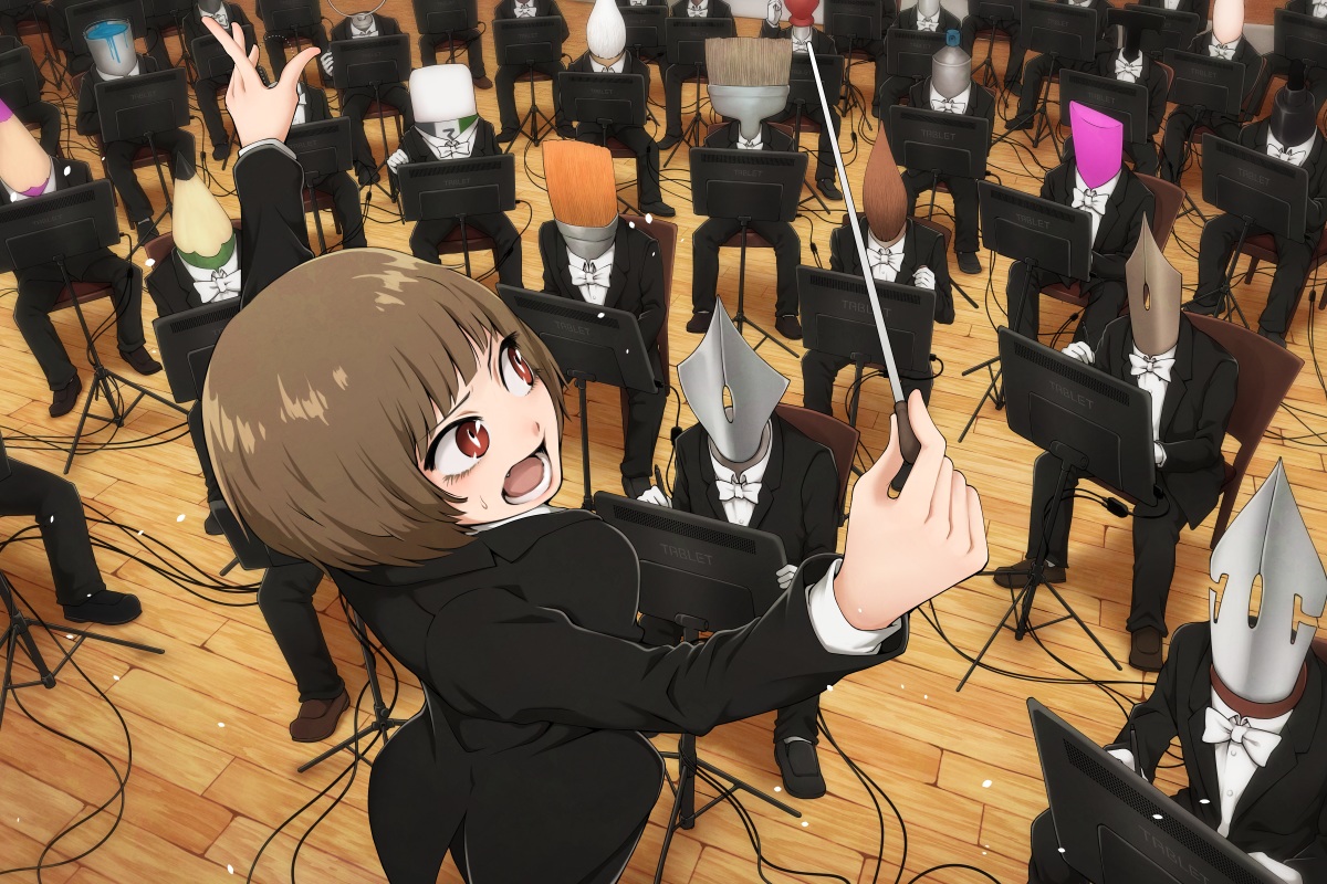 bow, brown_hair, fang, music, original, petals, red_eyes, short_hair