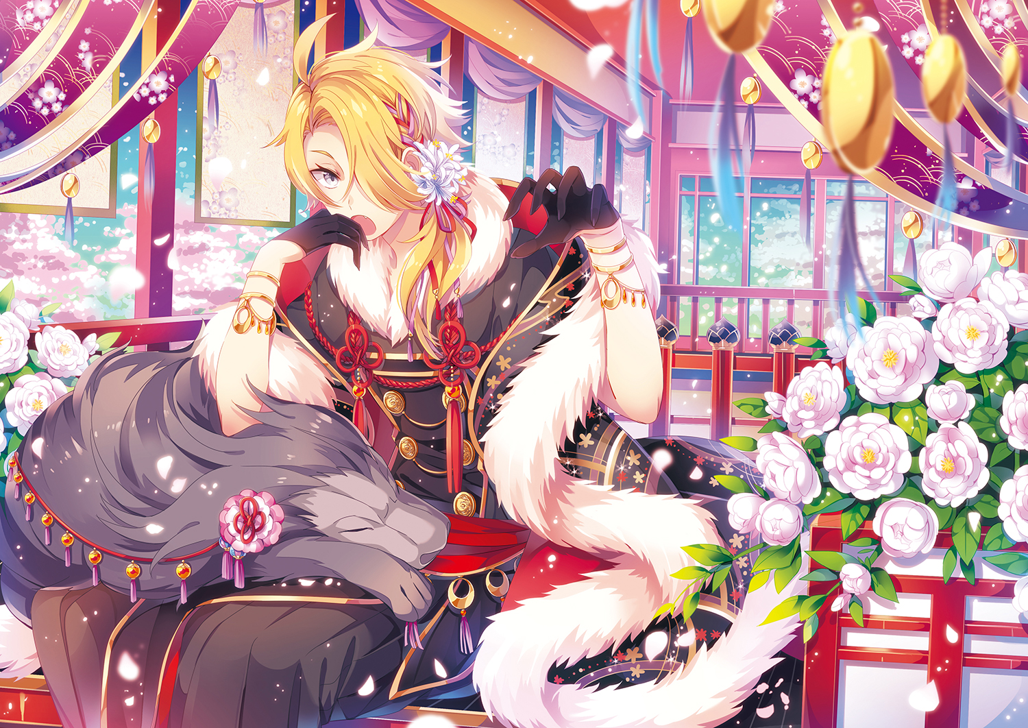 all_male, animal, anthropomorphism, blonde_hair, cape, cherry_blossoms, flowers, gloves, gray_eyes, japanese_clothes, kina_(446964), male, petals, shishiou, short_hair, touken_ranbu
