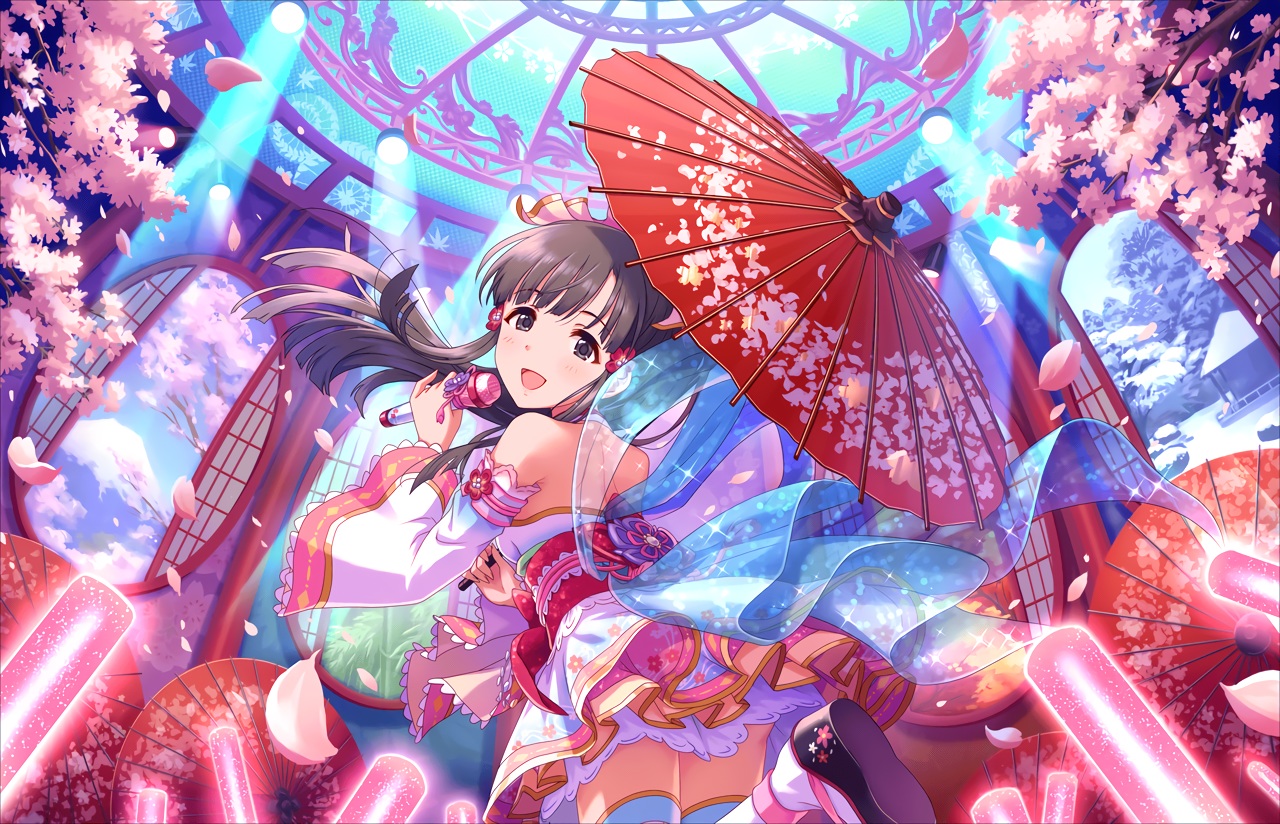 annin_doufu, brown_eyes, brown_hair, cherry_blossoms, flowers, idolmaster, idolmaster_cinderella_girls, idolmaster_cinderella_girls_starlight_stage