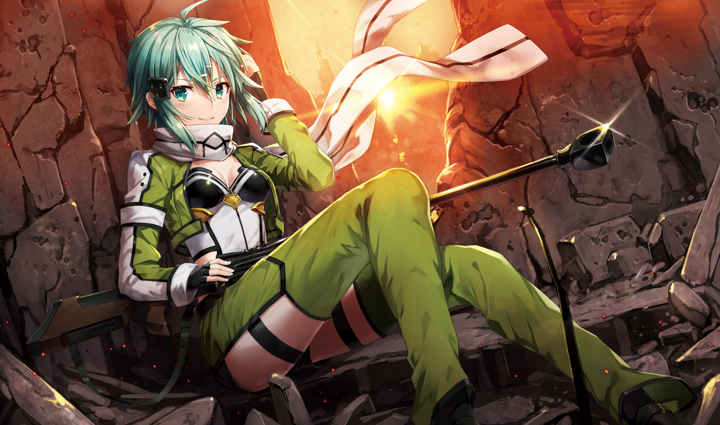 aqua_eyes, aqua_hair, blush, breasts, gabiran, gloves, gun, gun_gale_online