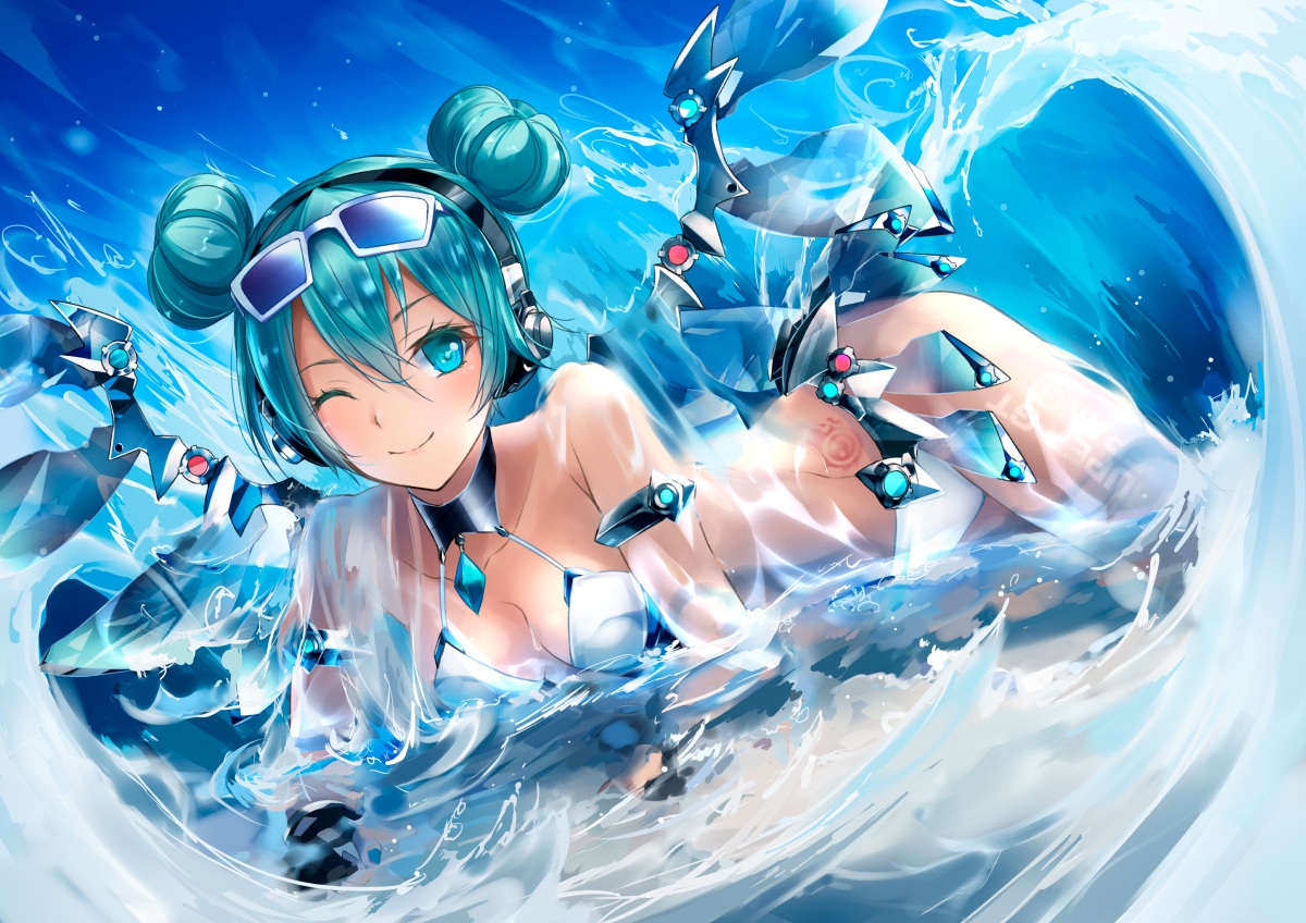 ajigo, aqua_eyes, aqua_hair, bikini, breasts, cleavage, hatsune_miku, headphones