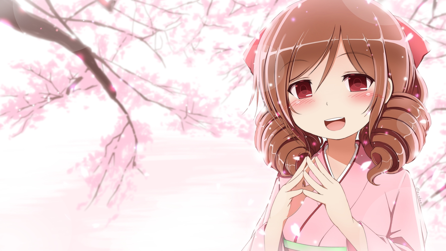 anthropomorphism, blush, brown_hair, cherry_blossoms, earth_ekami, flowers, harukaze_(kancolle), japanese_clothes, kantai_collection, petals, red_eyes, short_hair, tree