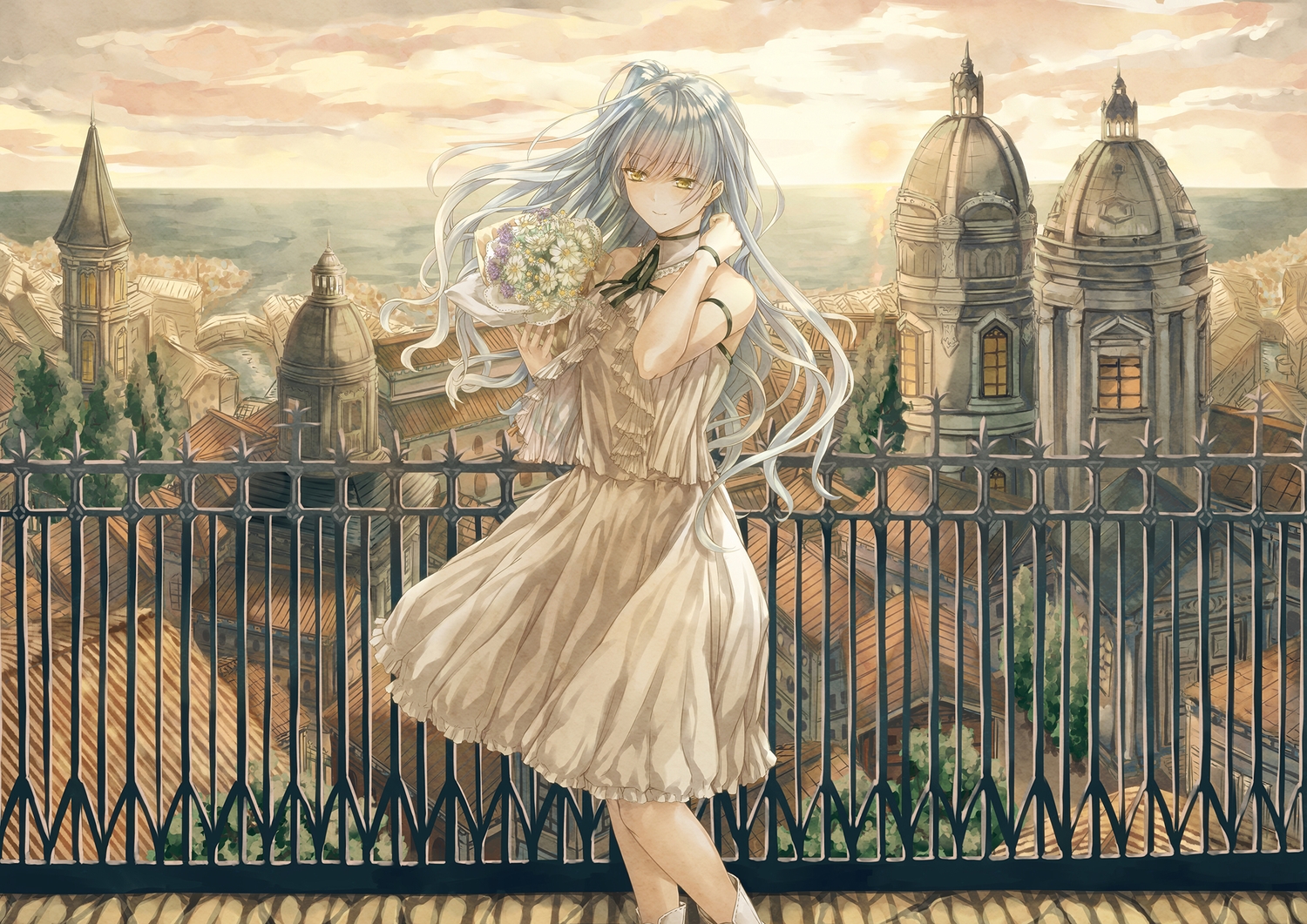boots, building, city, clouds, collar, dress, flowers, gray_hair, long_hair, original, saijou_yukina, scenic, sky, sunset, yellow_eyes