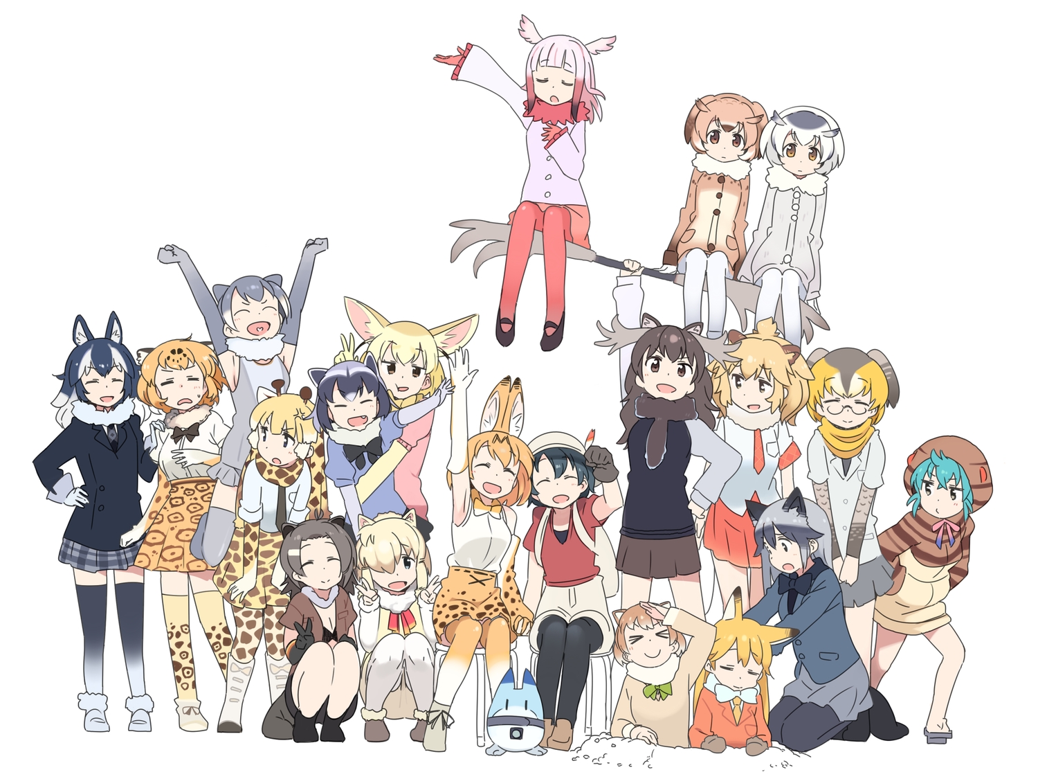 american_beaver_(kemono_friends), animal_ears, anthropomorphism, black-tailed_prairie_dog_(kemono_friends), campo_flicker_(kemono_friends), catgirl, common_raccoon_(kemono_friends), crested_ibis_(kemono_friends)