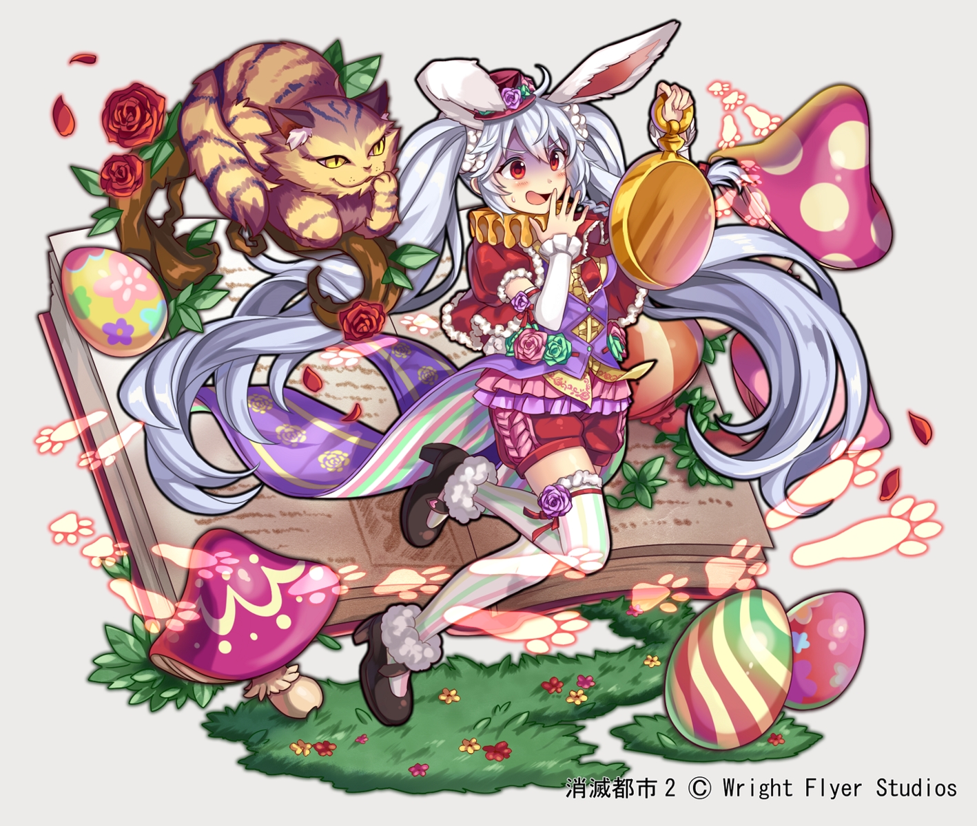 alice_in_wonderland, animal, animal_ears, anthropomorphism, blush, book, bunny_ears, bunnygirl, cat, cheshire_cat, collar, flowers, gray_hair, hat, long_hair, nou, red_eyes, rose, shorts, shoumetsu_toshi, tail, thighhighs, watermark, white_rabbit, zettai_ryouiki