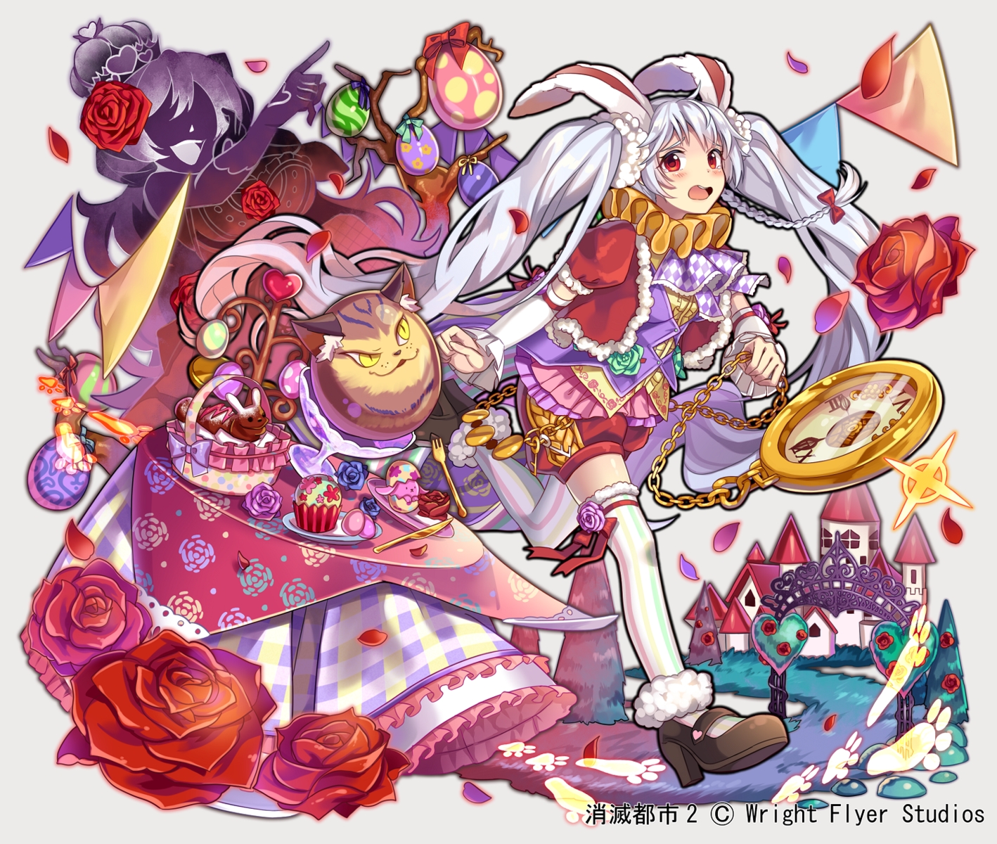 alice_in_wonderland, animal_ears, anthropomorphism, blush, braids, bunny_ears, bunnygirl, cake, candy, chain, cheshire_cat, chocolate, collar, flowers, food, gray_eyes, long_hair, nou, queen_of_hearts, red_eyes, rose, shorts, shoumetsu_toshi, tears, thighhighs, twintails, watermark, white_rabbit, zettai_ryouiki