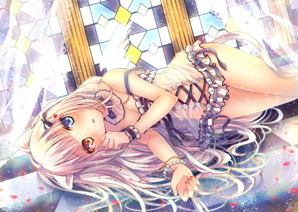 animal_ears, bicolored_eyes, blush, bow, breasts, catgirl, cleavage, collar
