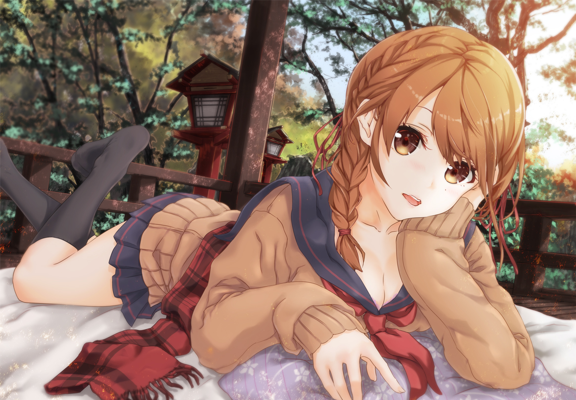 bed, braids, breasts, brown_eyes, brown_hair, cleavage, long_hair, original, ponytail, sahara386, scarf, school_uniform, shrine, tree