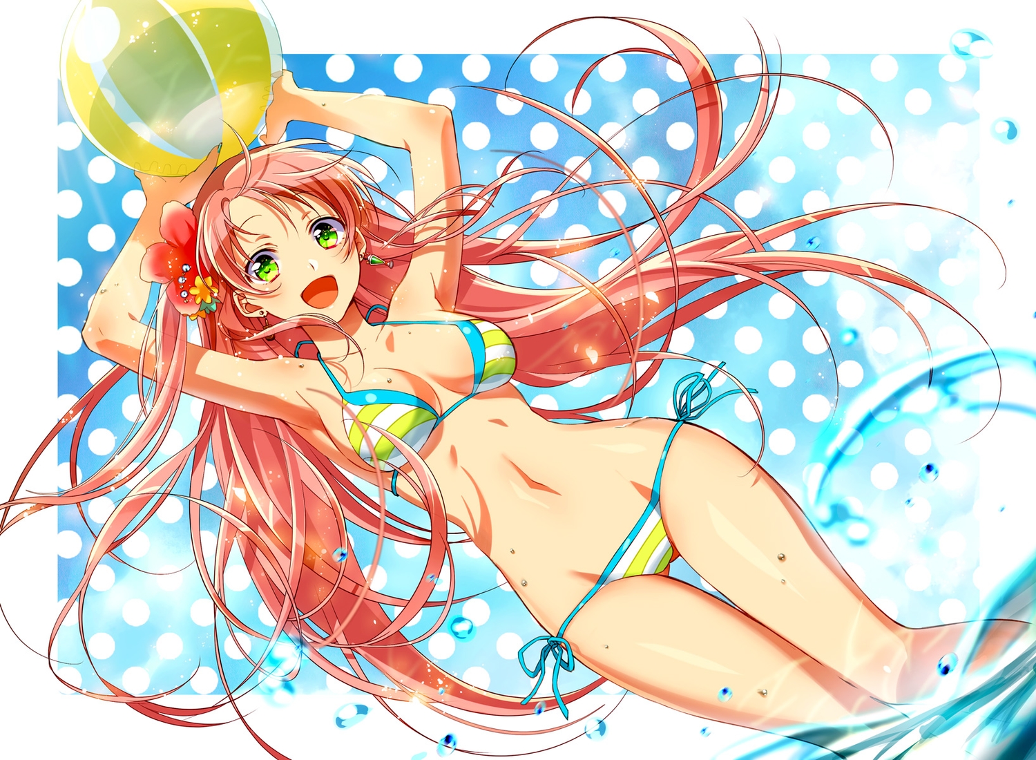 bikini, breasts, cleavage, green_eyes, long_hair, murakami_yuzu, original, red_hair, swimsuit, water