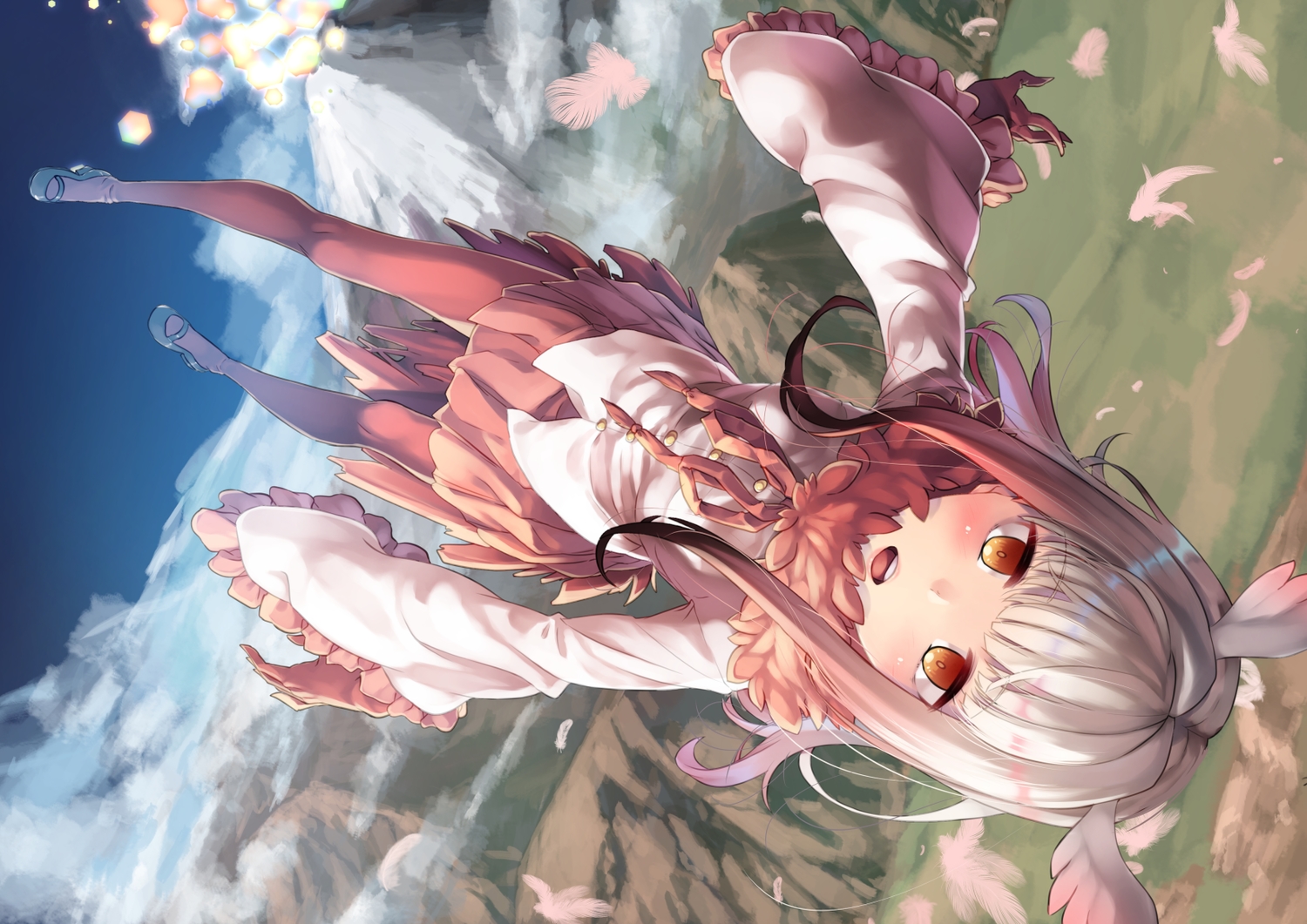 anthropomorphism, brown_eyes, crested_ibis_(kemono_friends), feathers, gray_hair, kemono_friends, long_hair, pantyhose, saraki, skirt, wings