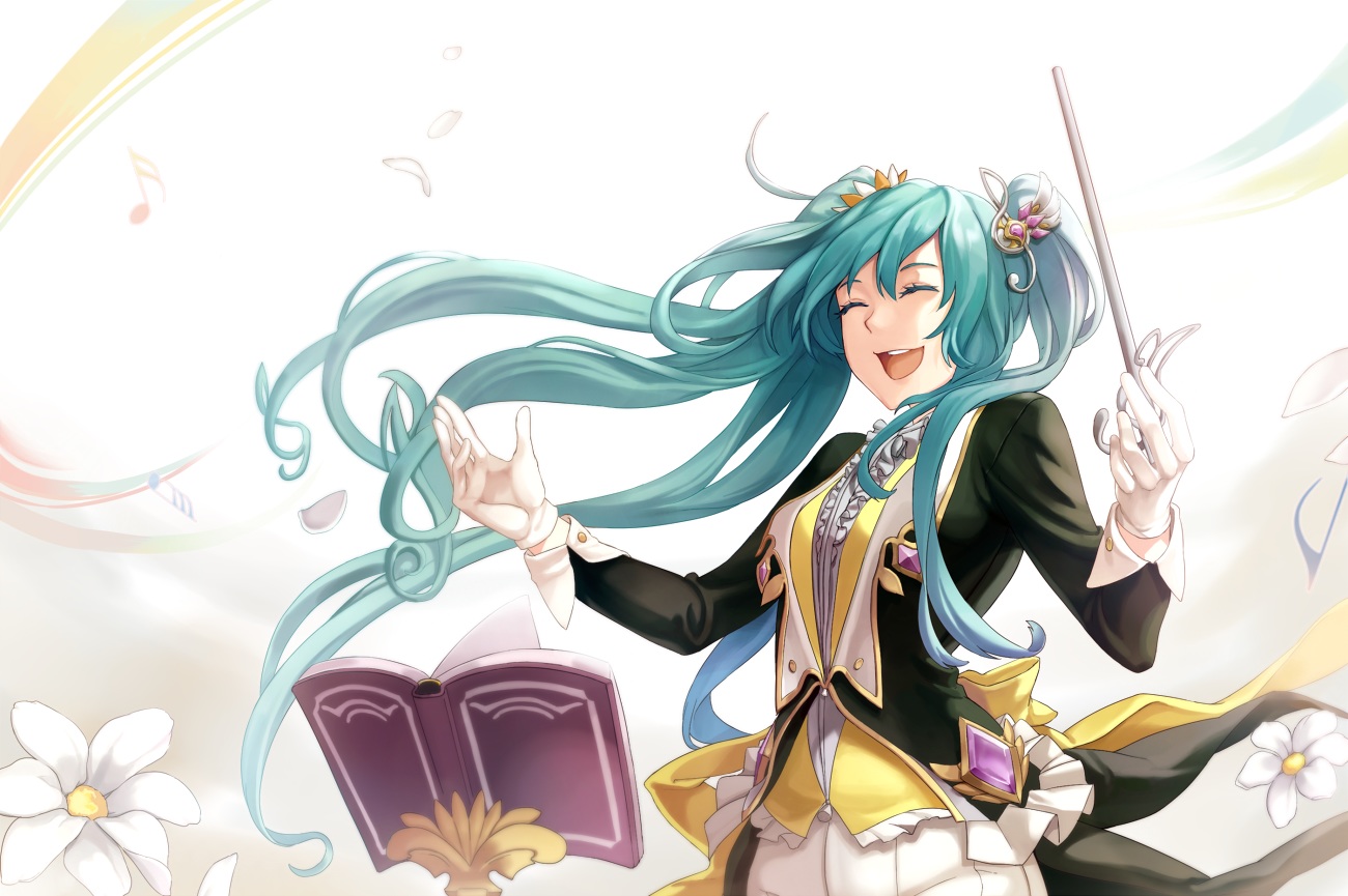 aqua_hair, ddaomphyo, flowers, gloves, hatsune_miku, long_hair, music, petals