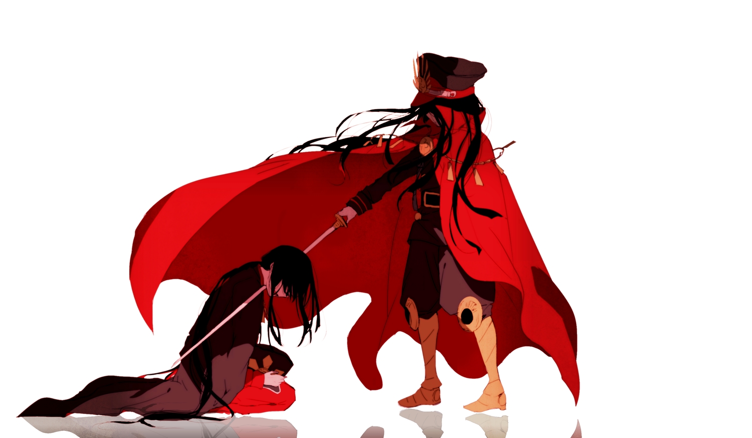 black_hair, boots, cape, fate/grand_order, fate_(series), hat, katana, long_hair