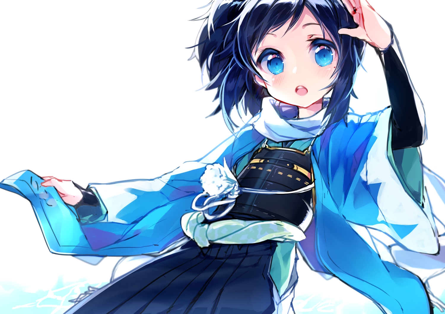 all_male, anthropomorphism, aqua_eyes, armor, black_hair, blush, japanese_clothes, kimono
