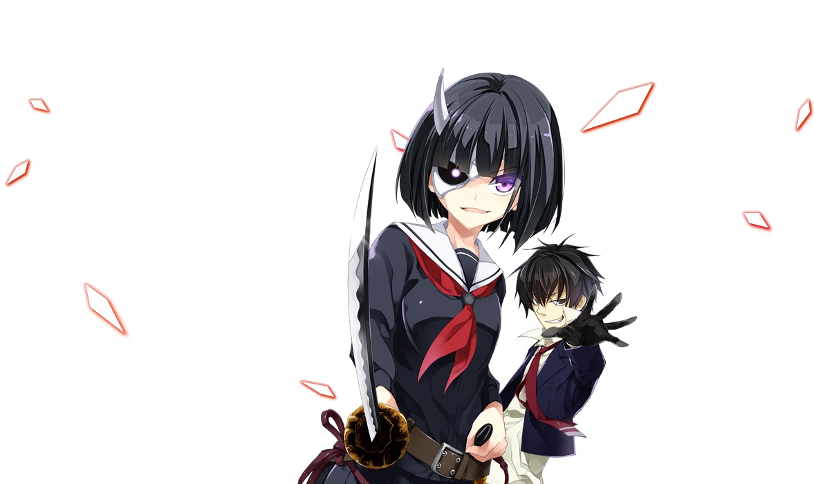 black_hair, busou_shoujo_machiavellism, eyepatch, gloves, male, nomura_fudou, onigawara_rin, purple_eyes